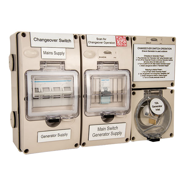 Generator Change-Over Switch (Trader) - 63A Single Phase Changeover Switch, 15A Generator Inlet with Meter