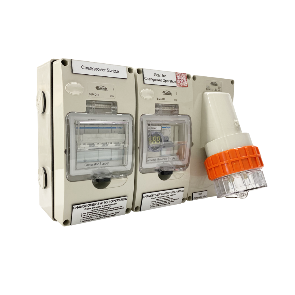 Generator Change-Over Switch (Trader) - 63A Single Phase Changeover Switch, 32A Generator Inlet with Meter