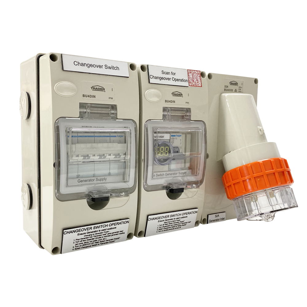 Generator Change-Over Switch (Trader) - 40A Three Phase Changeover Switch, 32A Generator Inlet with Meter
